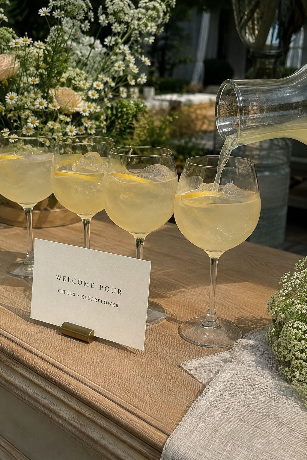 Pale gold welcome cocktails beside a short citrus and elderflower wedding bar menu