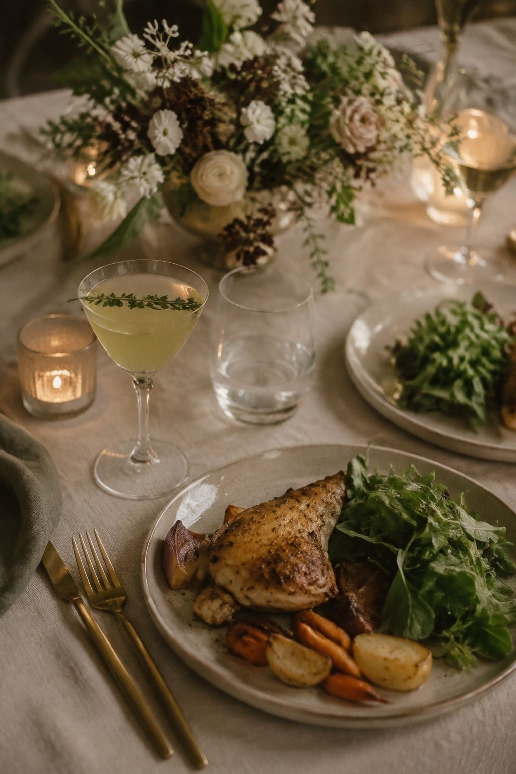 Pale herbal wedding cocktail paired with a plated intimate reception dinner