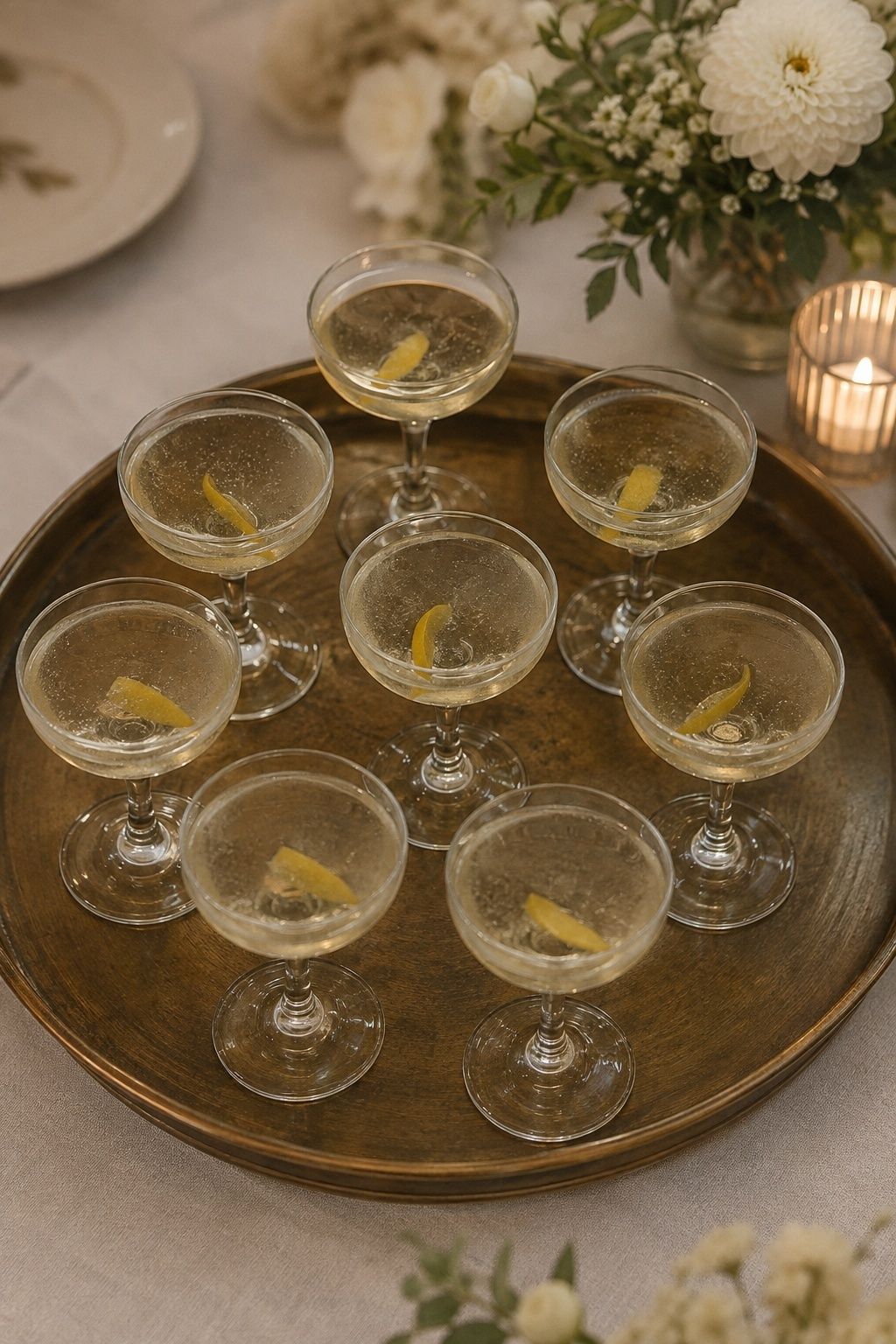 Tray of toast-sized champagne cocktails with restrained lemon twists