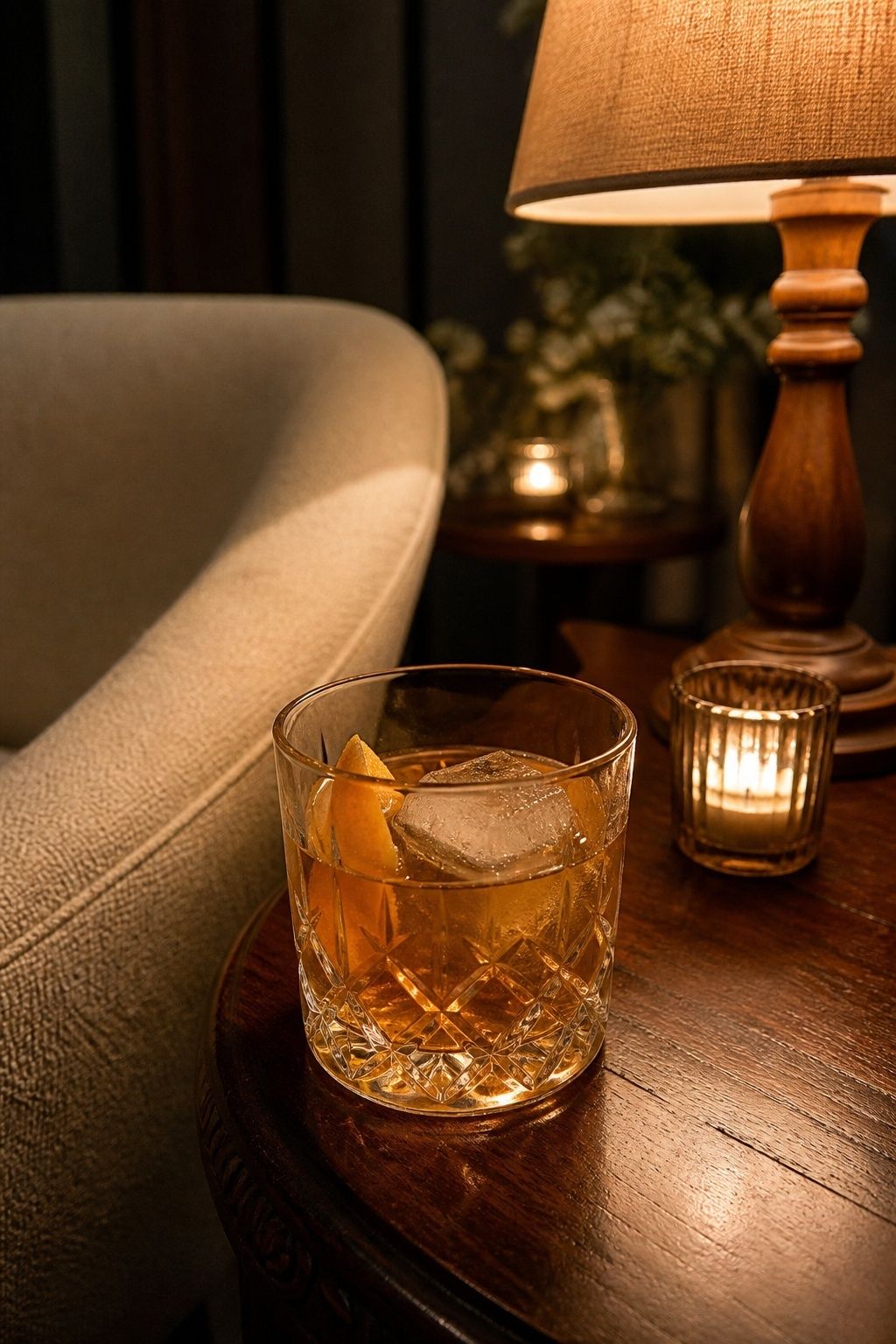 Amber indoor lounge wedding cocktail beside a cream chair and warm table lamp