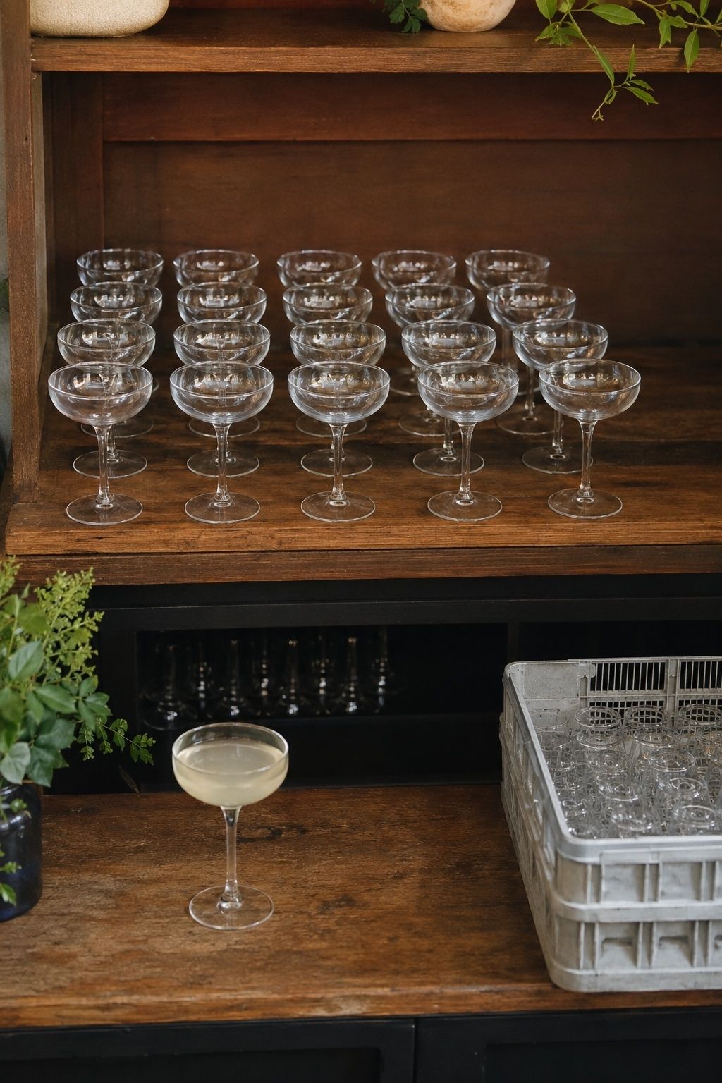 Wedding venue bar with matching coupe inventory, wash rack, and one sample cocktail
