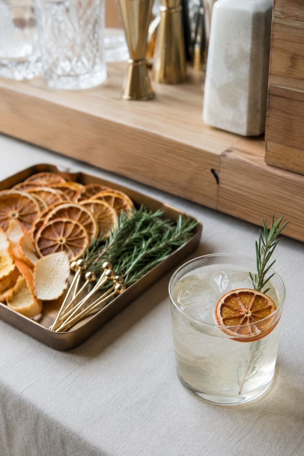 Durable dried citrus and rosemary wedding cocktail garnish station