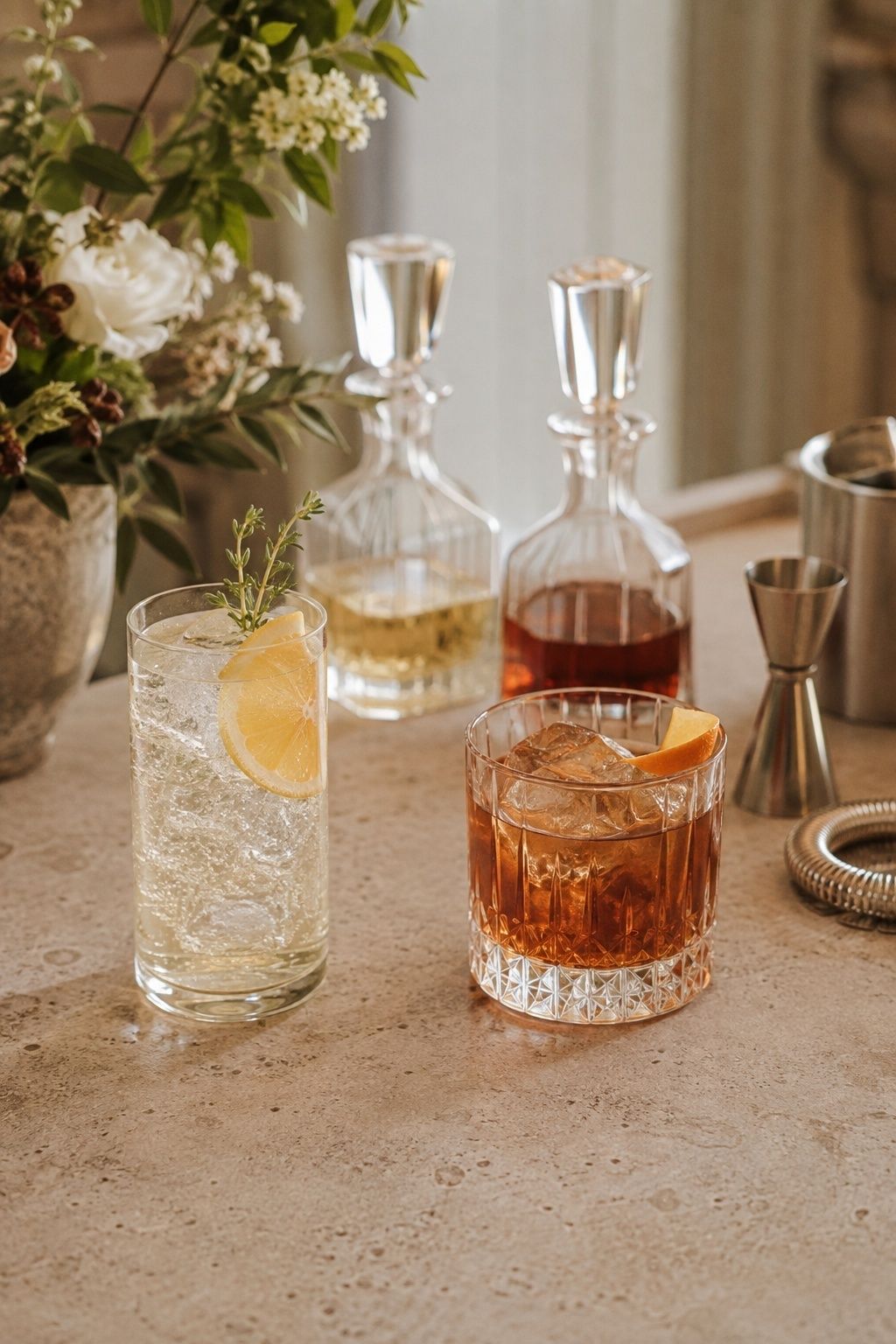 Light citrus highball and deeper amber cocktail balancing a small wedding bar menu