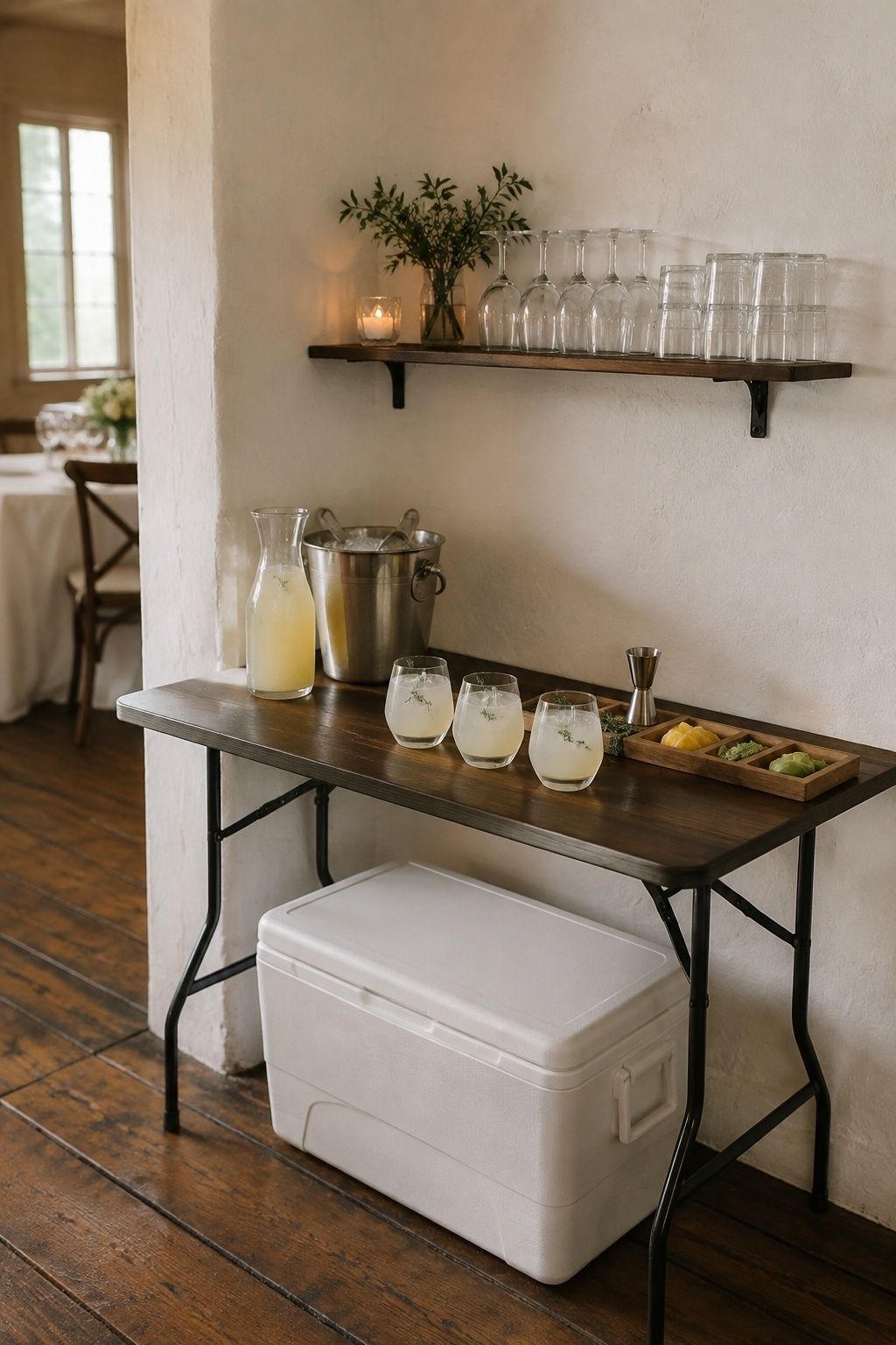 Compact wedding bar on a folding table with cooler, shelf, and tidy cocktail setup