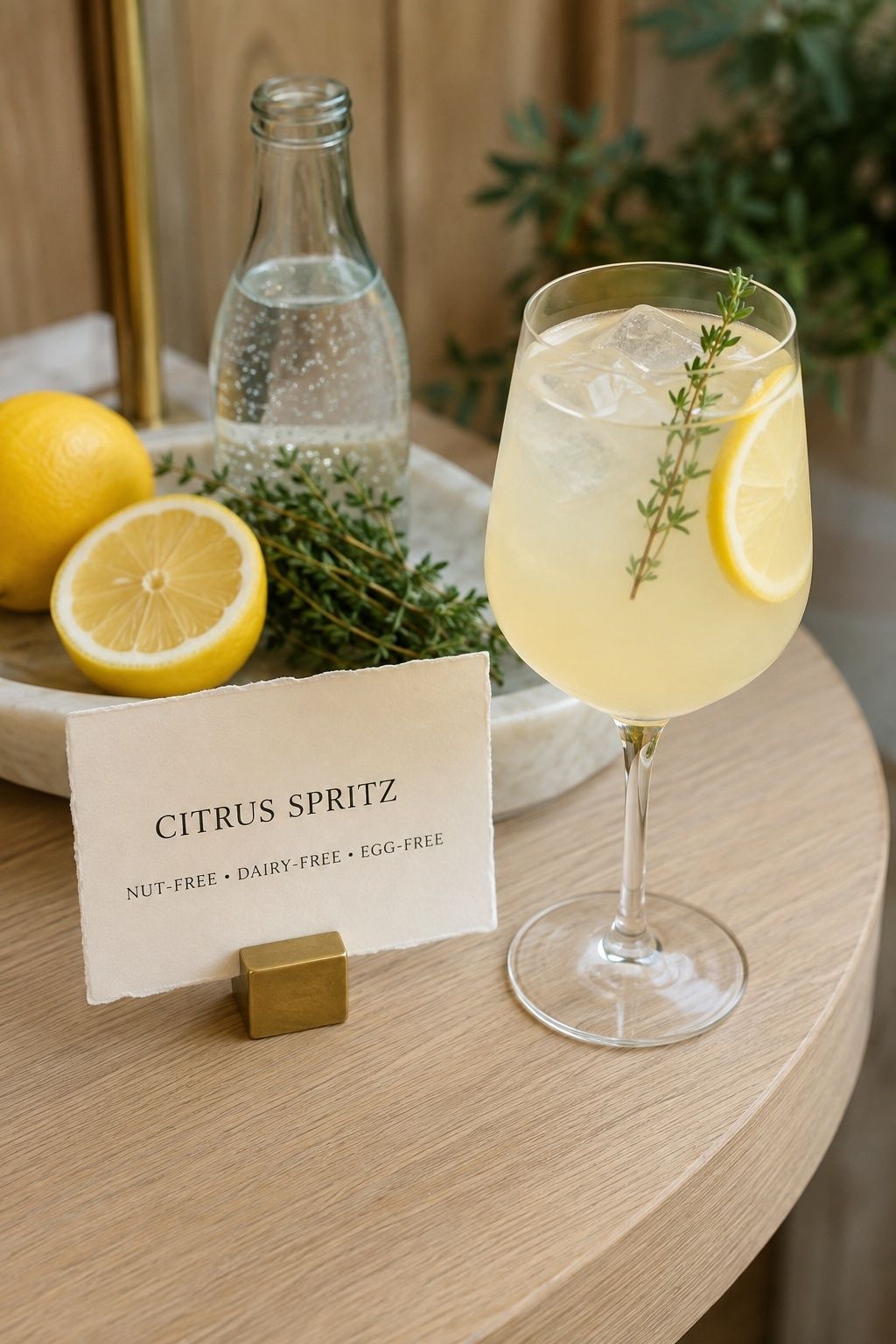 Citrus spritz with a clear nut-free, dairy-free, and egg-free wedding menu card