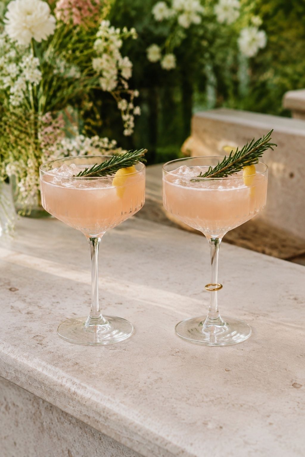 Matched cocktail and zero-proof wedding drinks with equal glassware and garnish styling