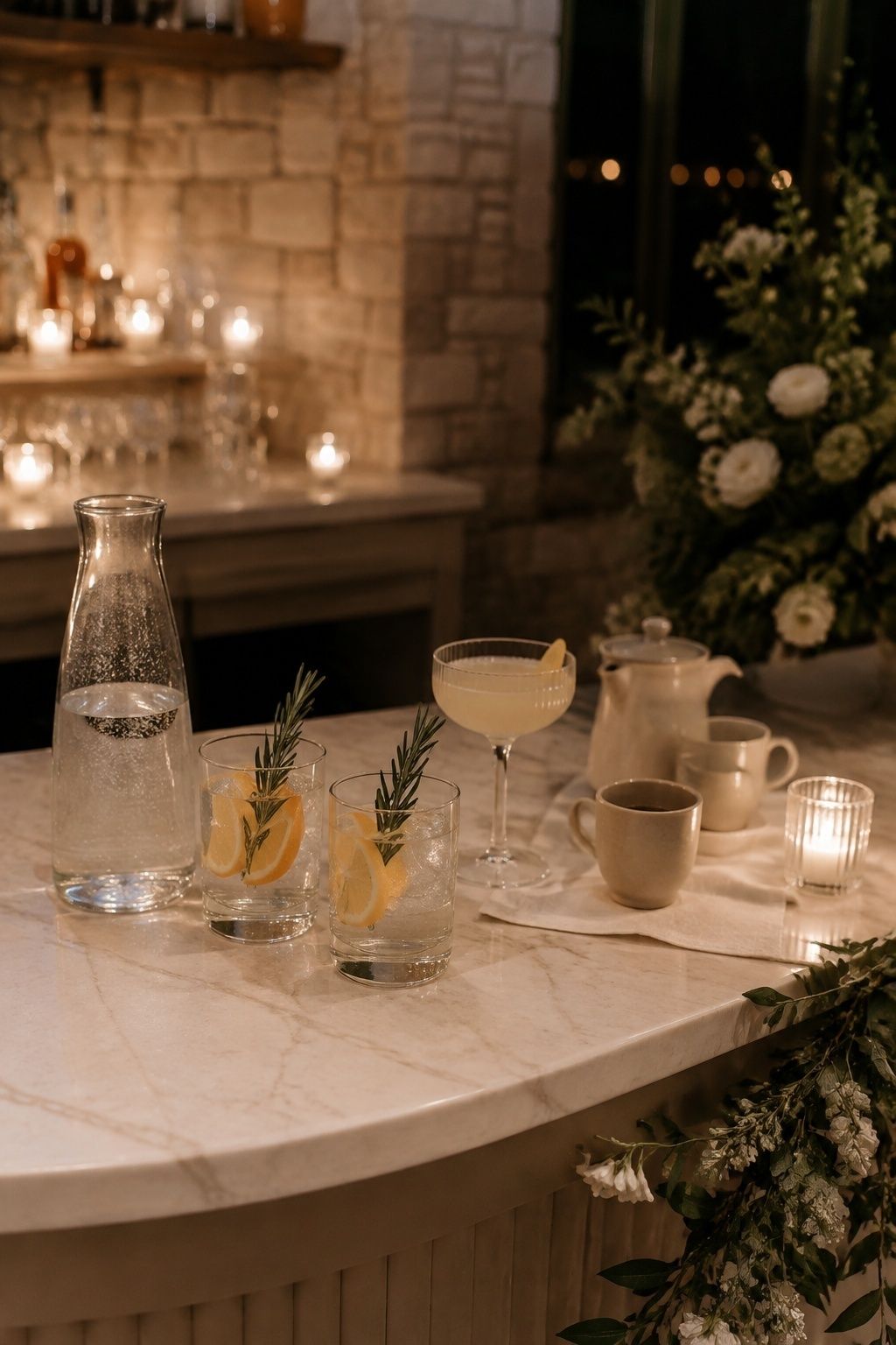 Wedding last-call station with sparkling water, zero-proof drinks, coffee, and a light cocktail