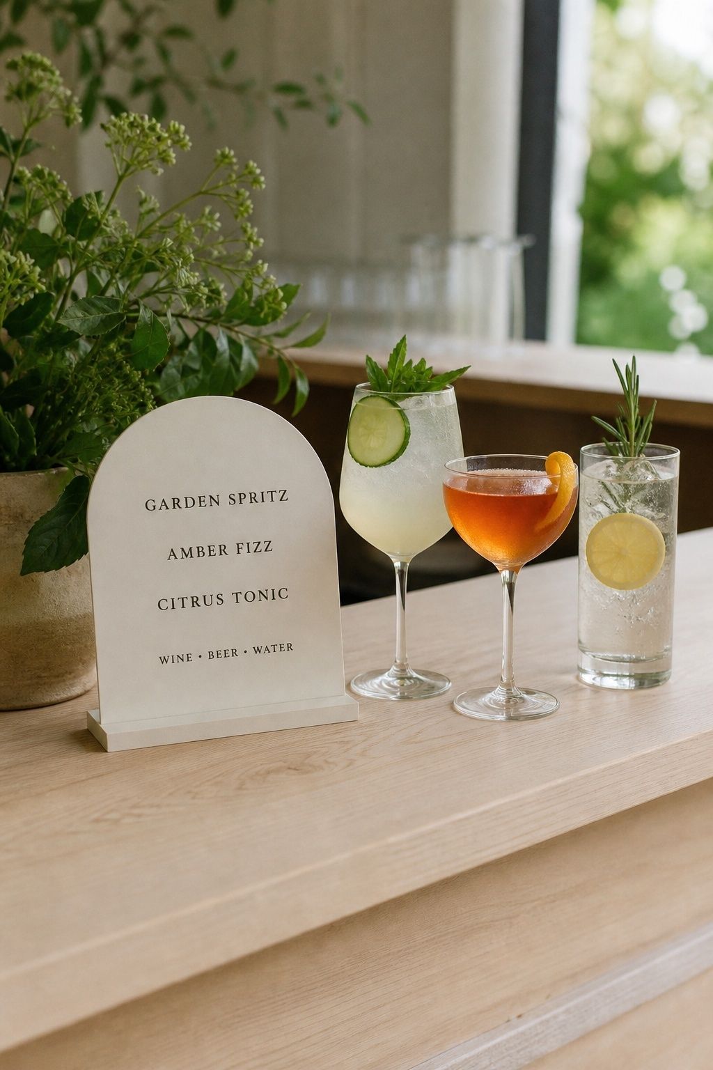 Short wedding bar menu with garden spritz, amber fizz, citrus tonic, wine, beer, and water