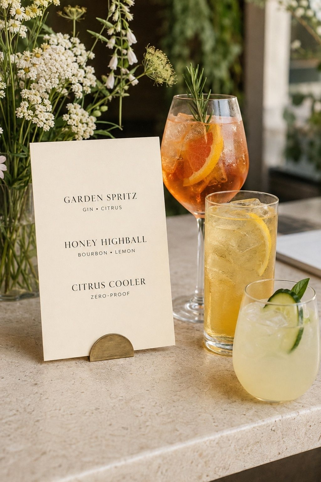 Speakable wedding cocktail names with clear spirit and zero-proof menu descriptions