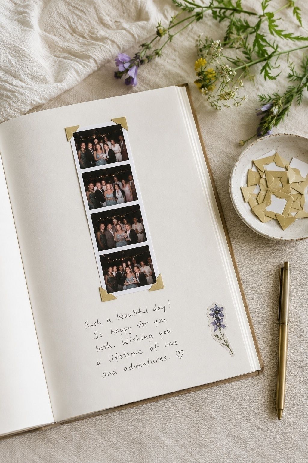 Corner stickers holding photo strips in a guest book