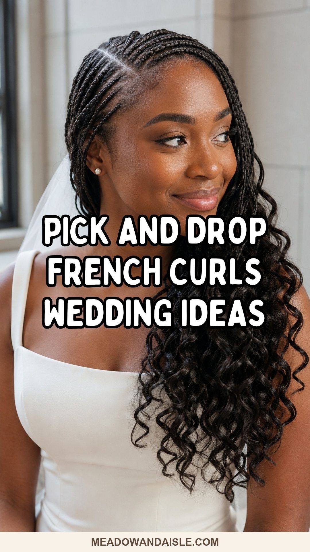 Pick and drop French curls wedding ideas with a side-part bridal hairstyle.