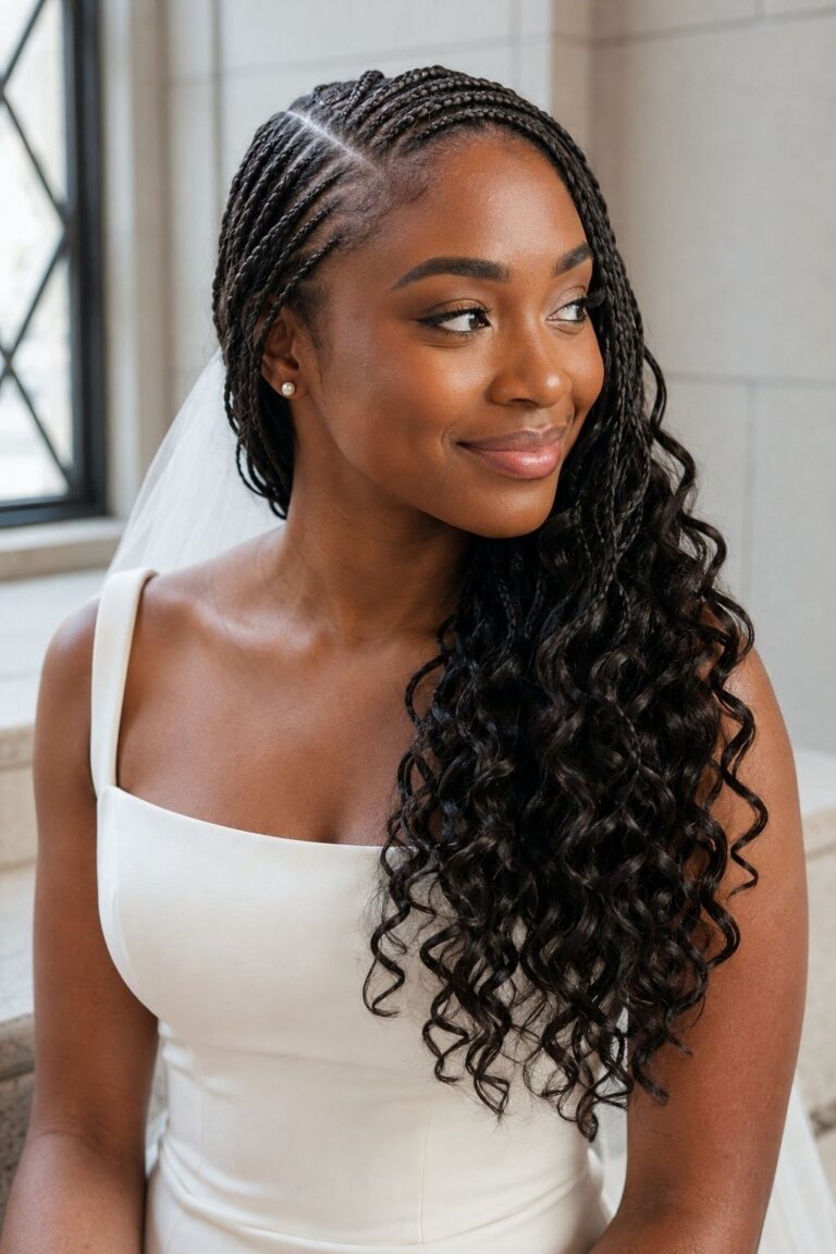 Bride wearing side-part pick and drop french curls.