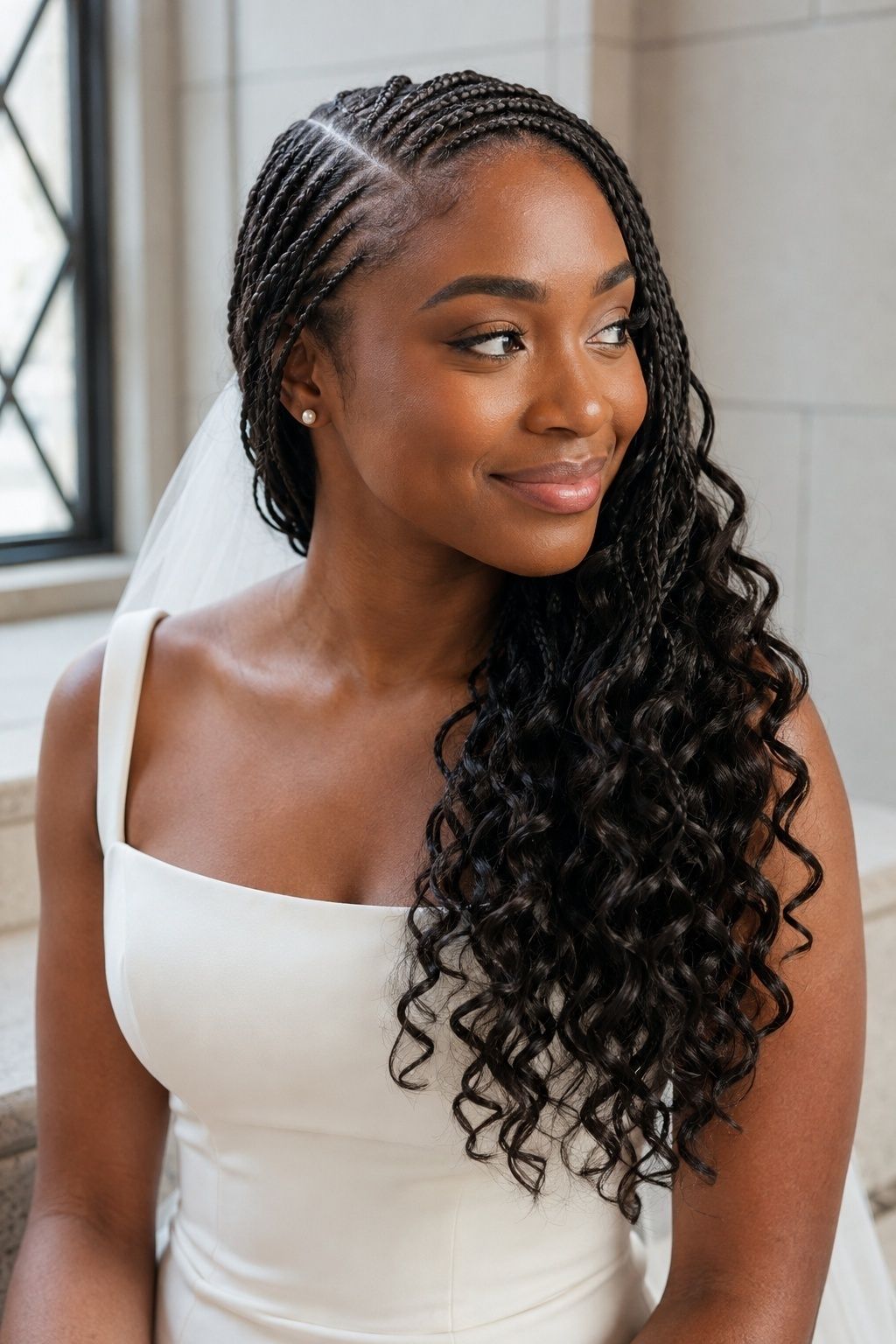 Bride wearing side-part pick and drop french curls.