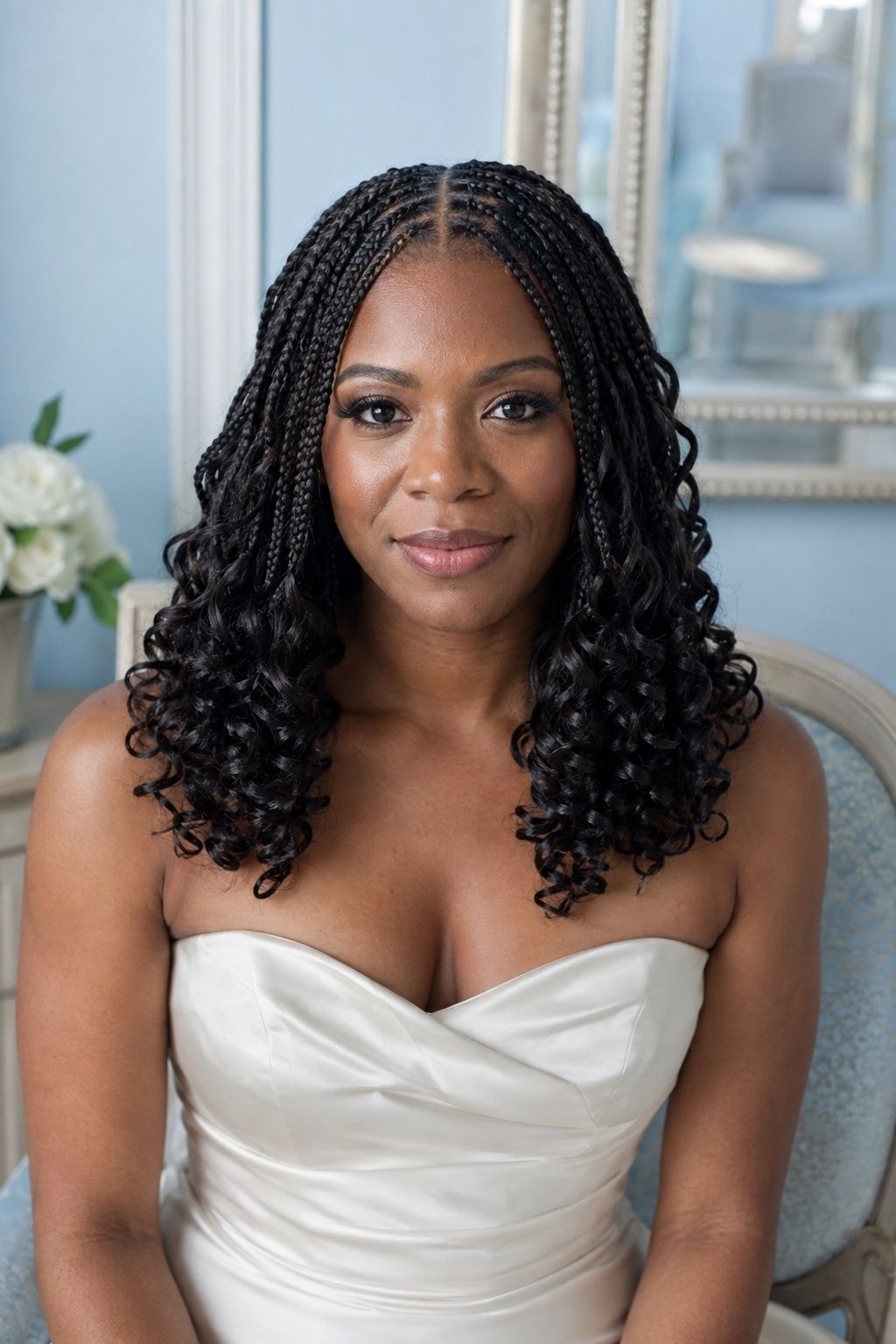 Bride wearing center-part french curl braids bride style.