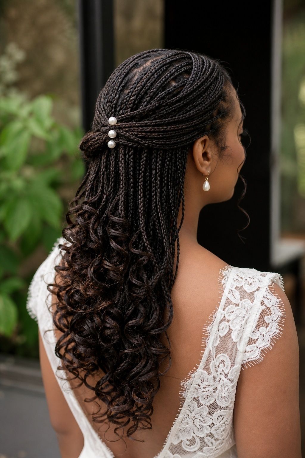 Bride wearing half-up braided french curls wedding hair.