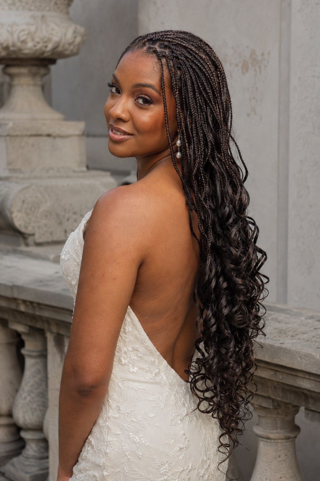 Bride wearing long romantic french curl braids.