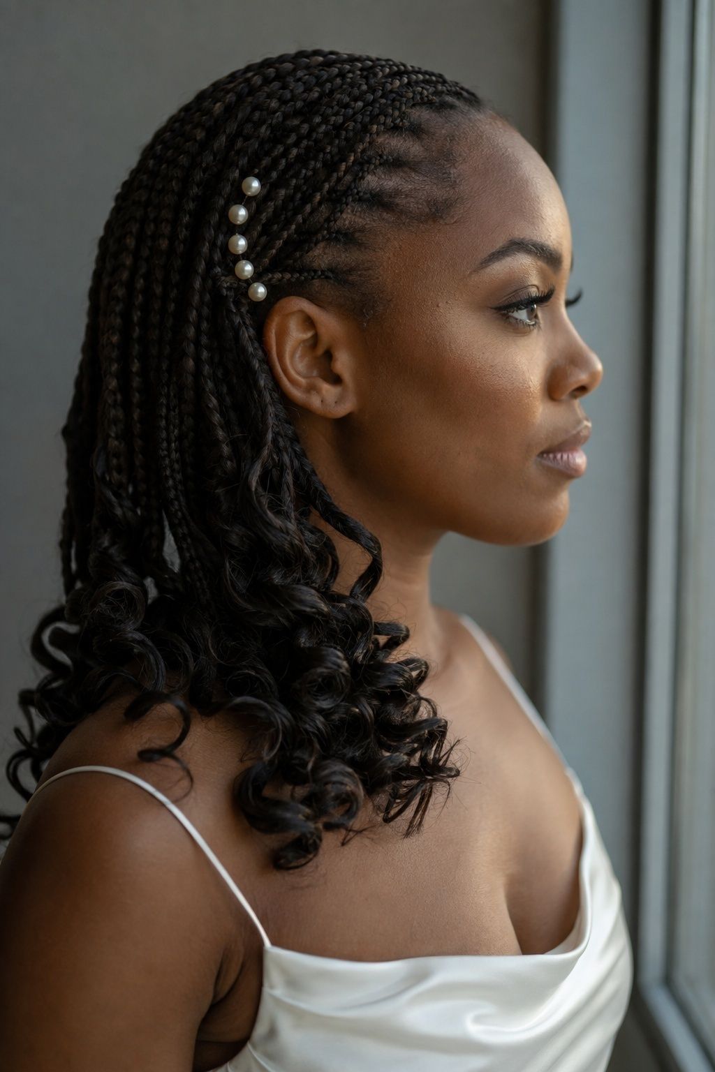 Bride wearing pearl-pinned french curl braids.