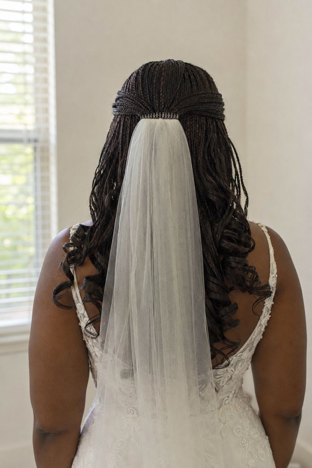 Bride wearing veil comb with pick and drop french curls.