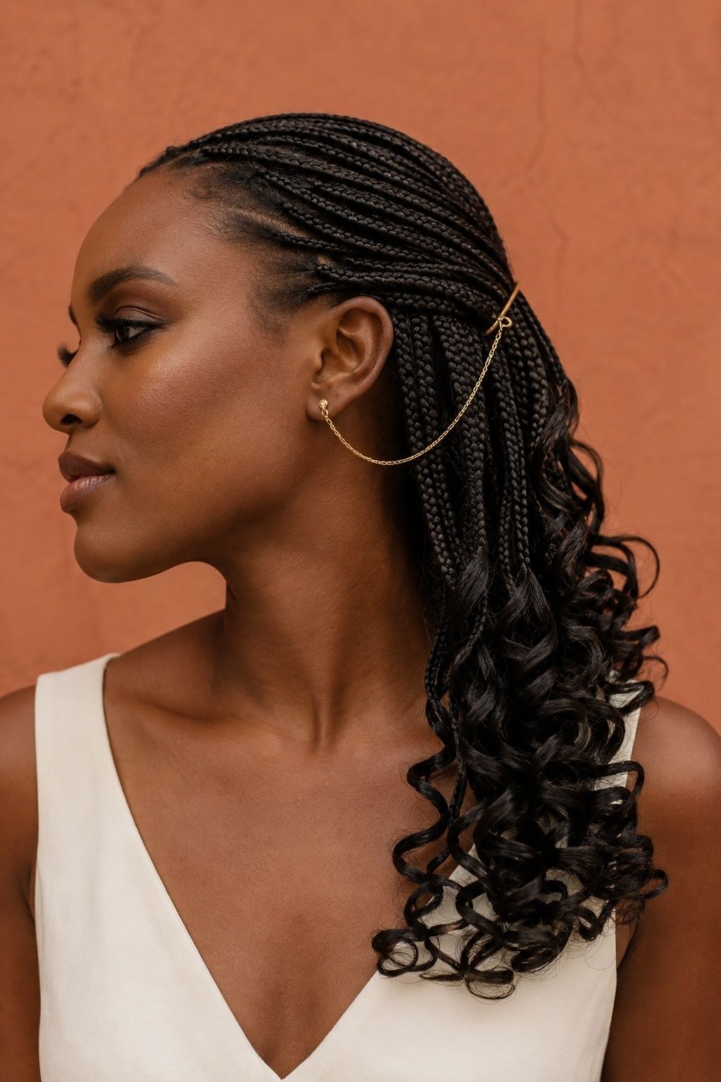Bride wearing earring chain with swept french curls.