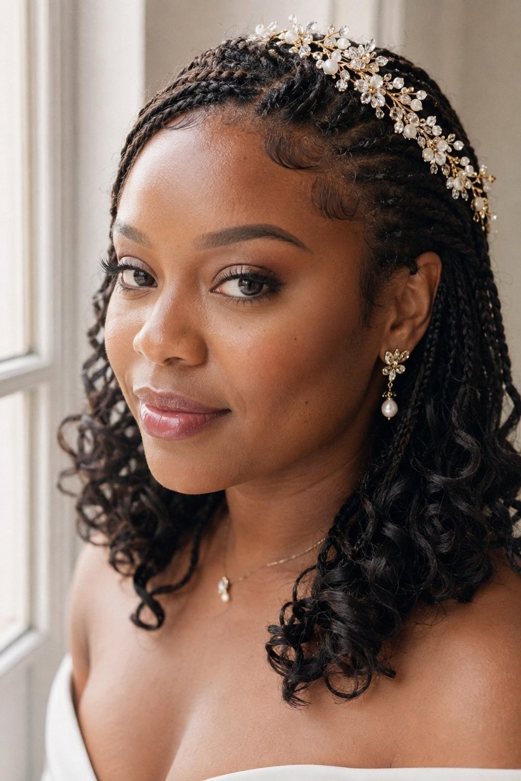 Bride wearing soft edges with french curl braids.