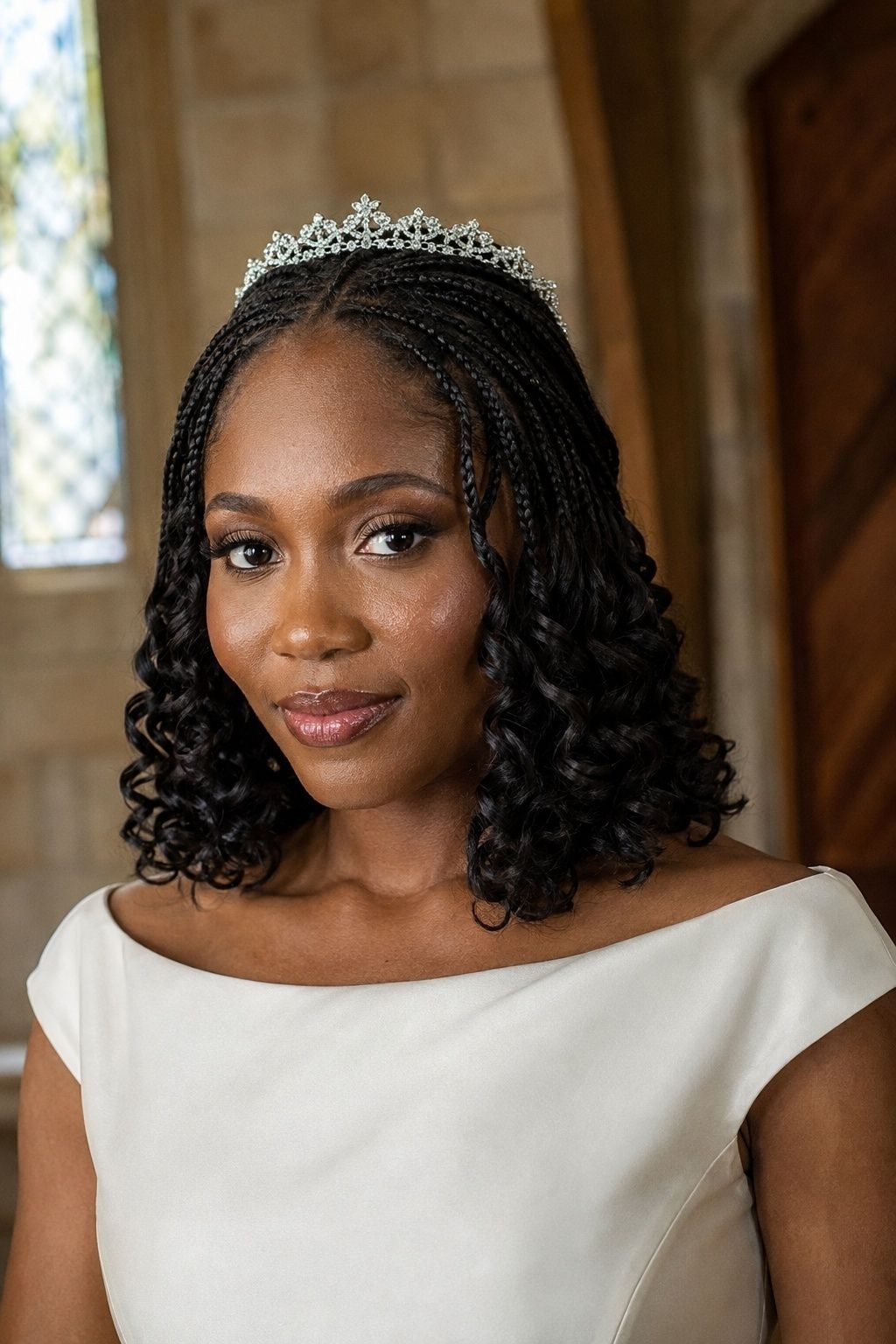 Bride wearing french curls with a tiara or crown.