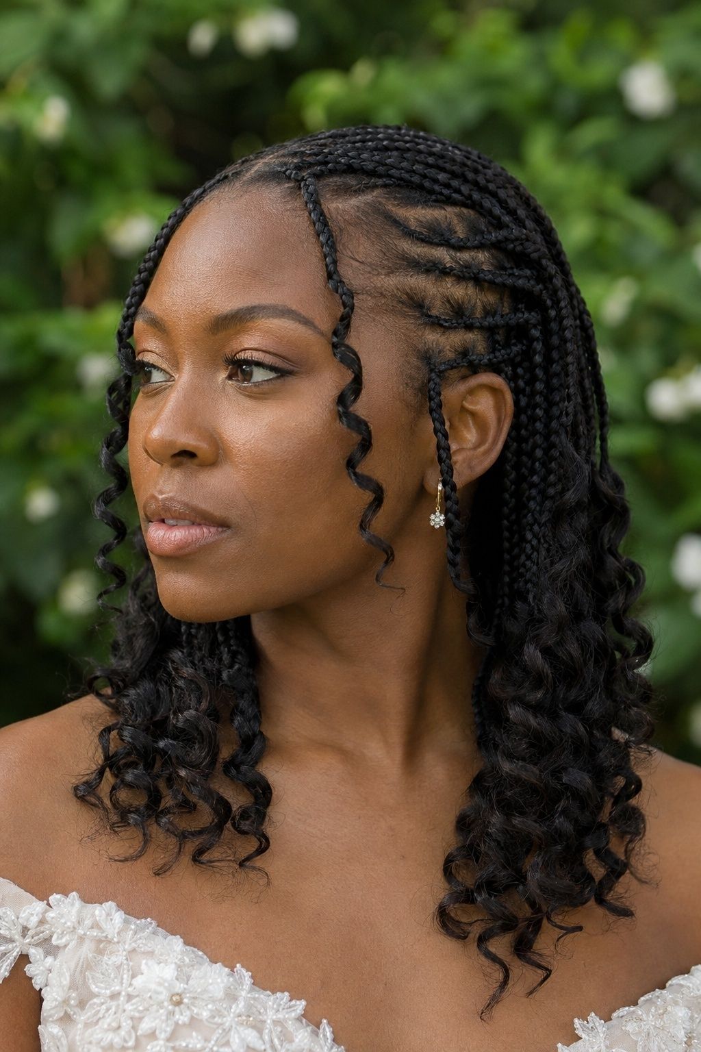 Bride wearing face-framing french curls.