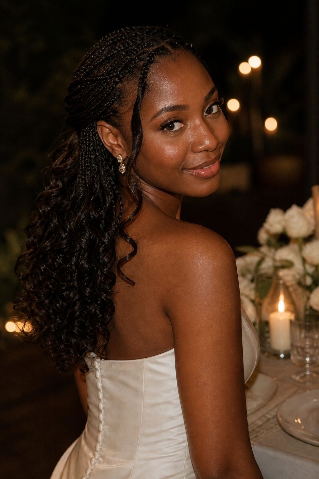 Bride wearing reception flip with french curl braids.