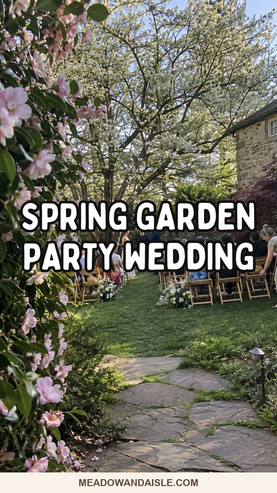 Spring garden party wedding ideas pin with an intimate flowering garden ceremony