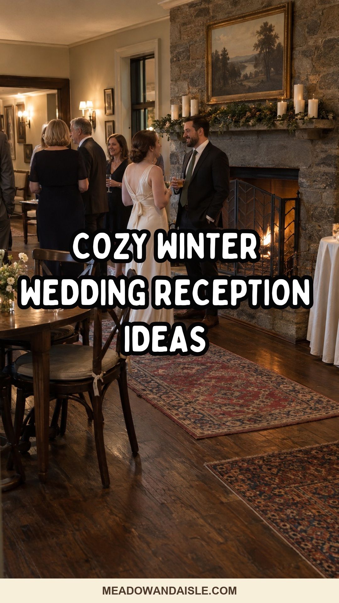 Cozy winter wedding reception ideas Pinterest pin for Meadow & Aisle.