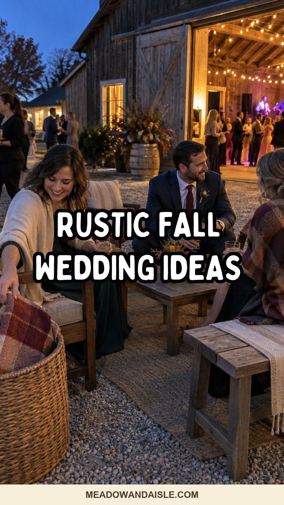 Rustic fall wedding ideas Pinterest pin for Meadow & Aisle.