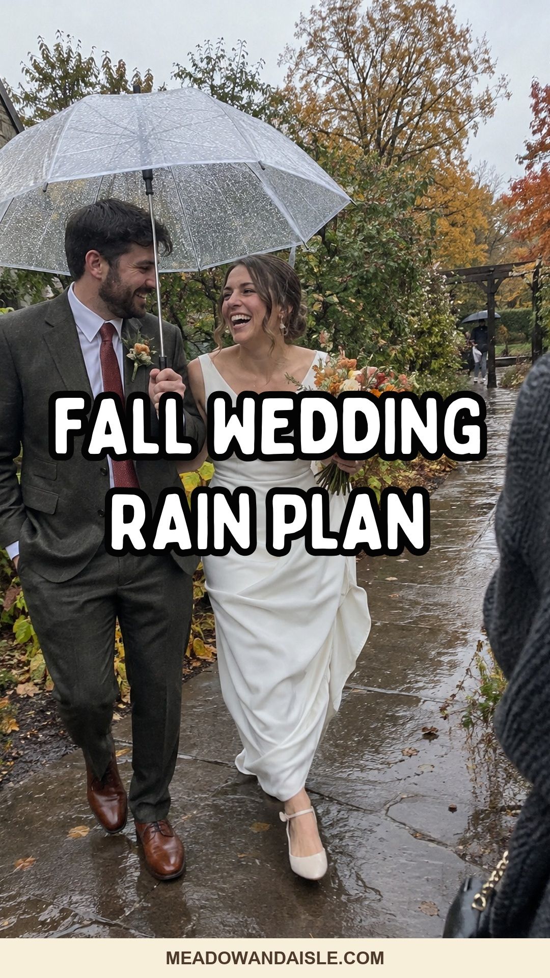 Fall wedding rain plan Pinterest pin for Meadow & Aisle.
