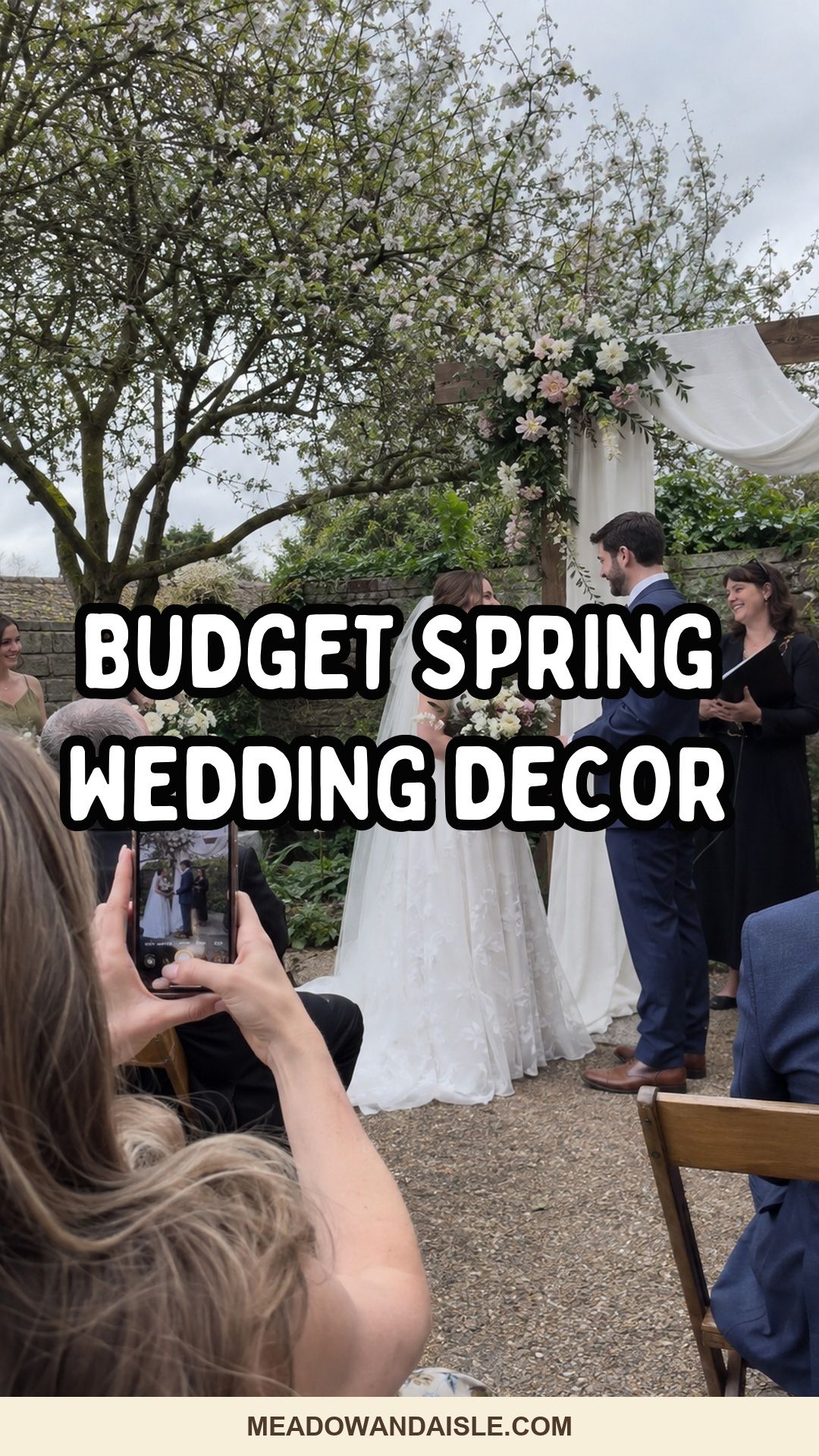 Budget spring wedding decor Pinterest pin for Meadow & Aisle.