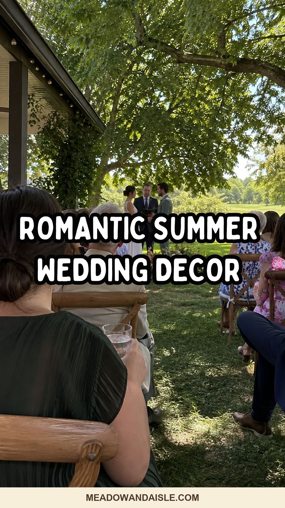 Romantic summer wedding decor Pinterest pin for Meadow & Aisle.