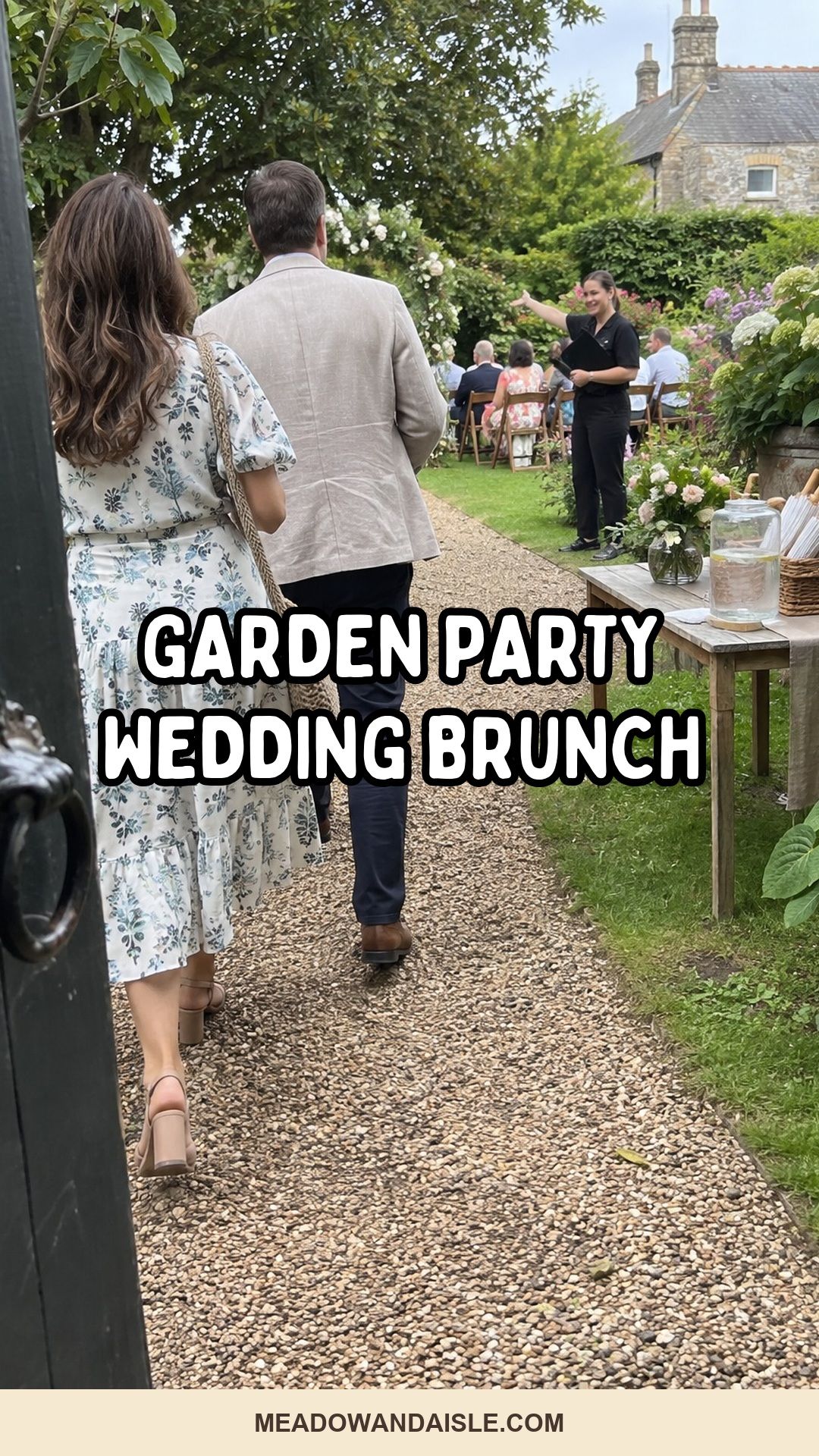 Garden party wedding brunch ideas Pinterest pin for Meadow & Aisle.