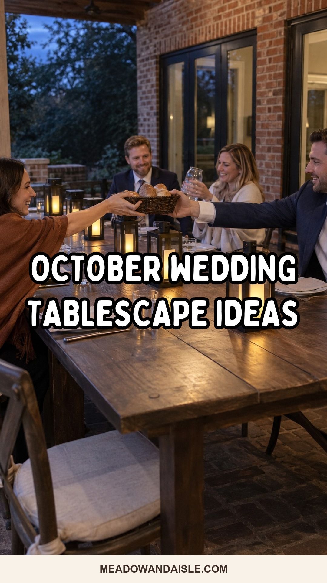 October wedding tablescape ideas Pinterest pin for Meadow & Aisle.
