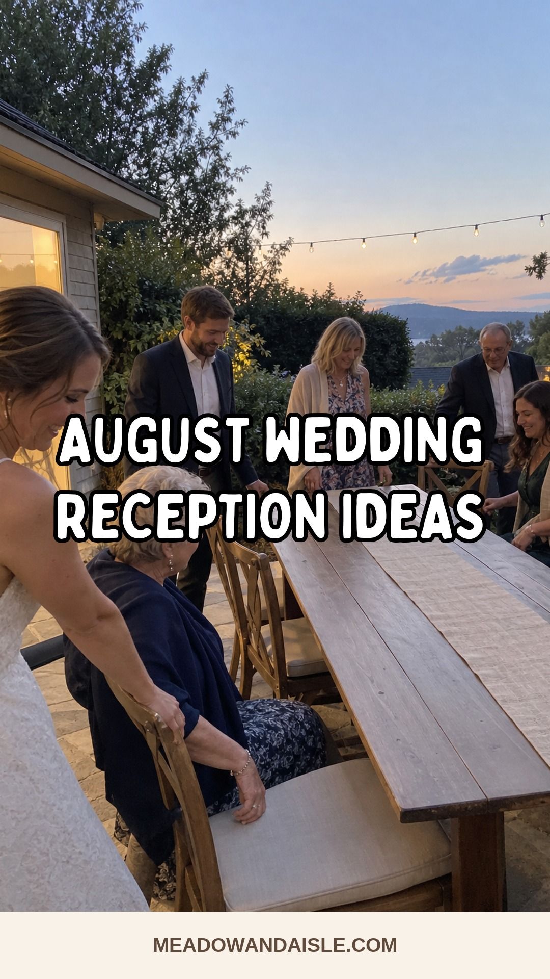 August wedding reception ideas Pinterest pin for Meadow & Aisle.