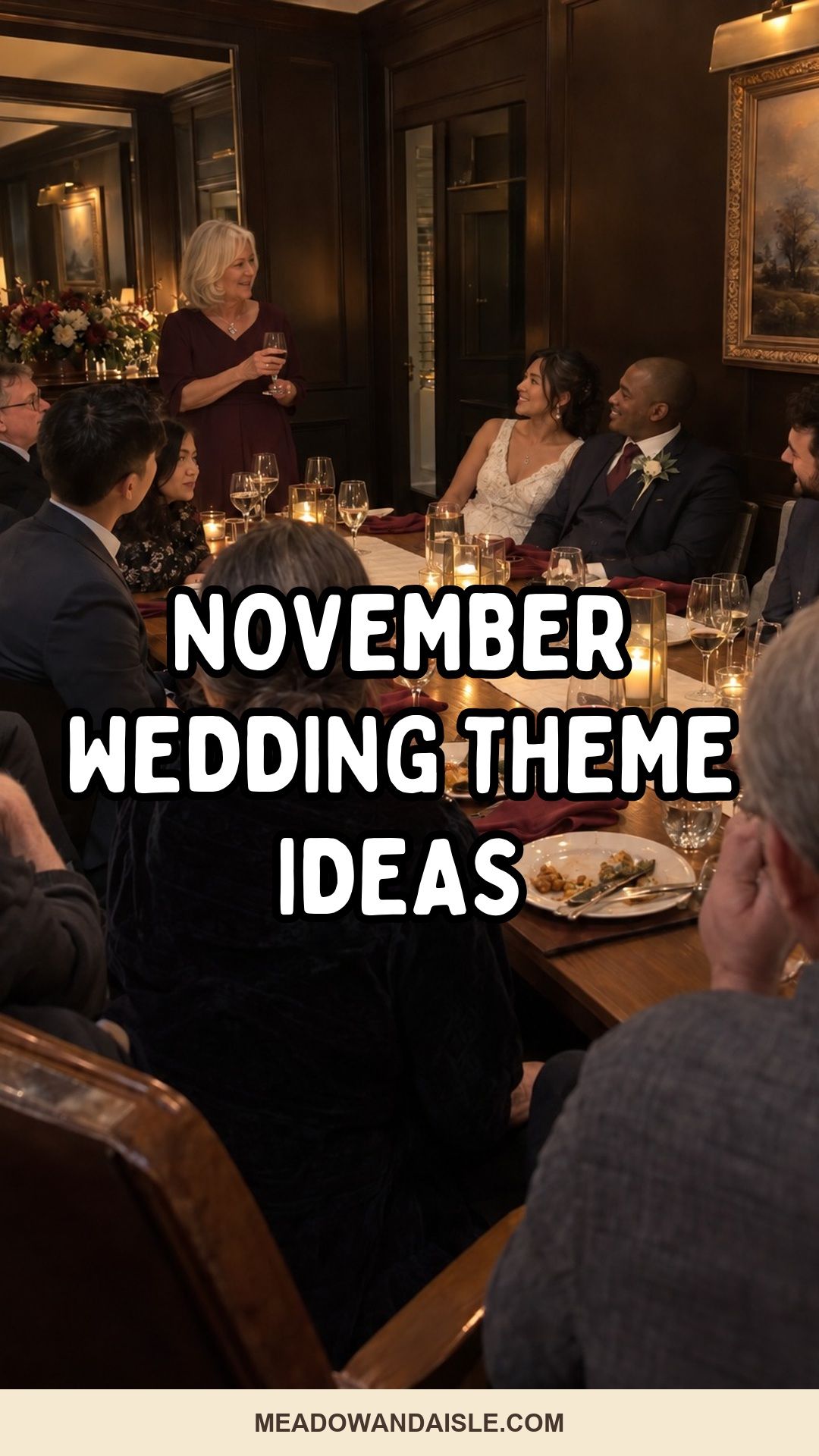 November wedding theme ideas Pinterest pin for Meadow & Aisle.