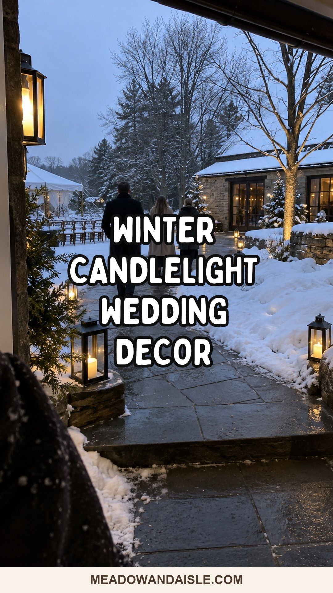 Winter candlelight wedding decor along a safe snowy guest path.