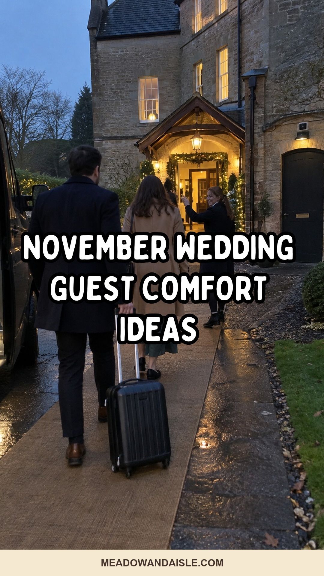 November wedding guest comfort ideas Pinterest pin for Meadow & Aisle.