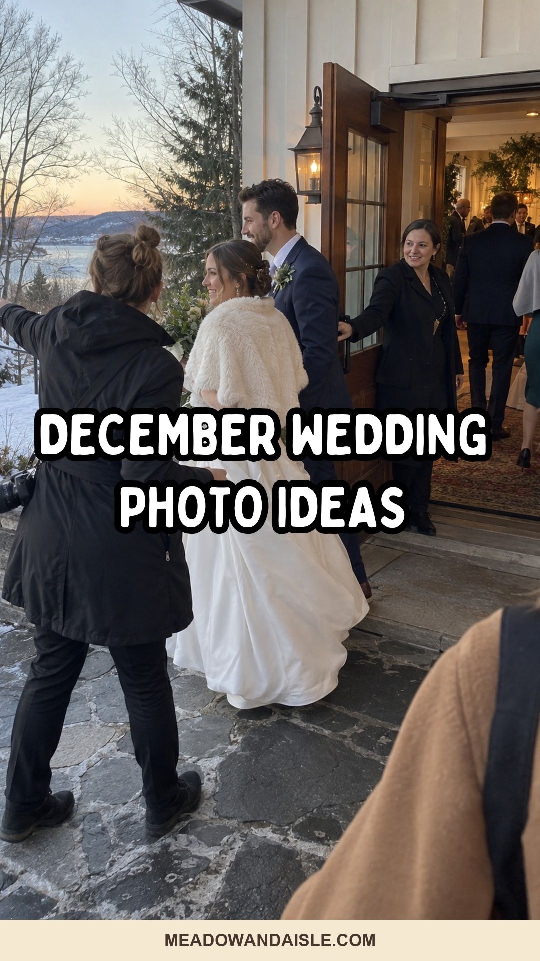 December wedding photo ideas Pinterest pin for Meadow & Aisle.