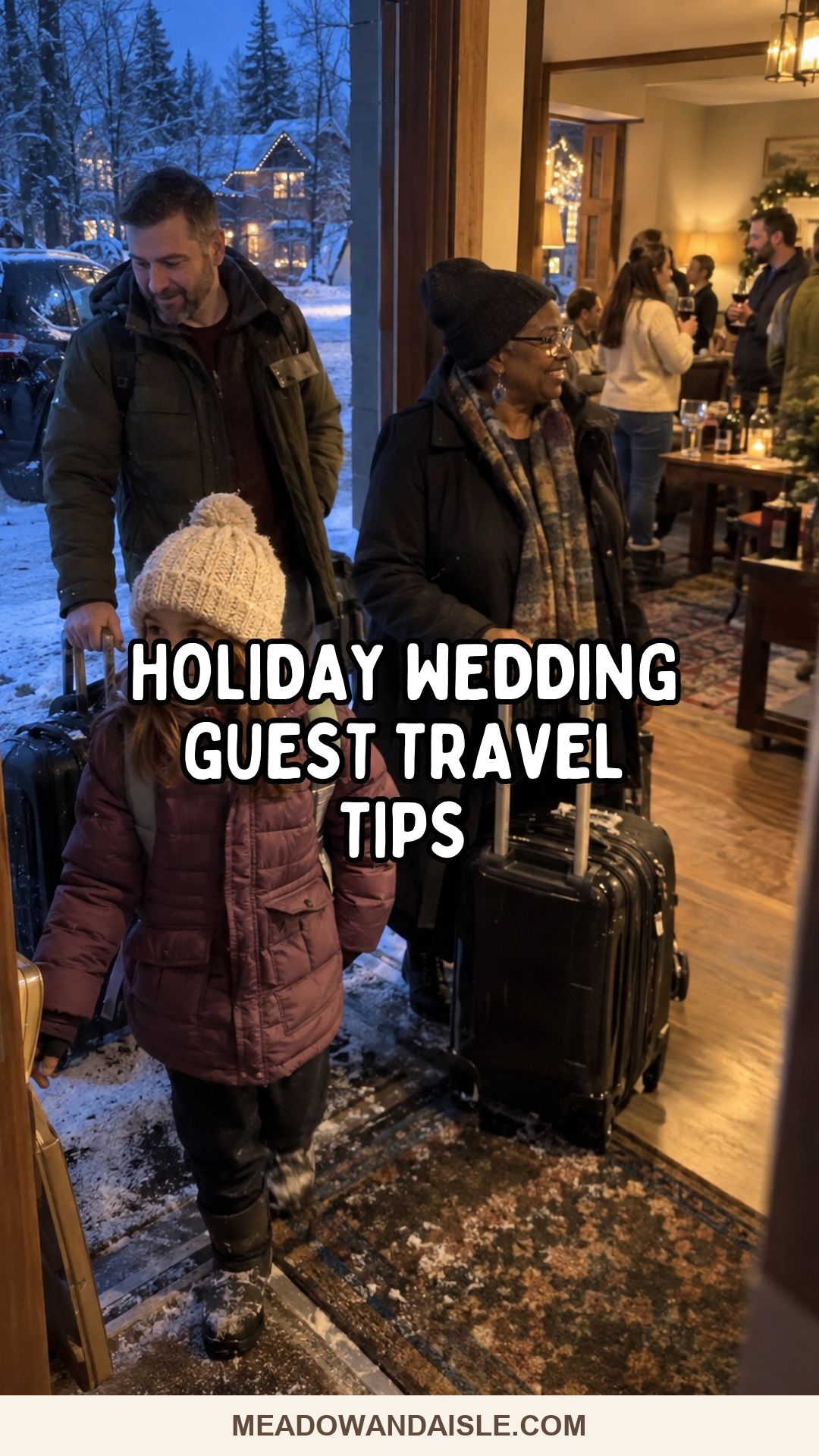 Holiday wedding guest travel tips Pinterest pin for Meadow & Aisle.