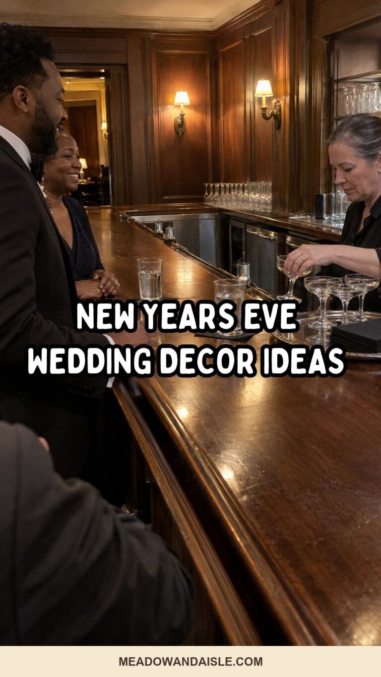 New Years Eve wedding decor ideas Pinterest pin for Meadow & Aisle.