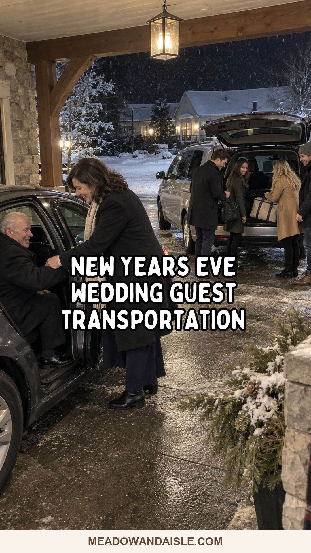 New Years Eve wedding guest transportation Pinterest pin for Meadow & Aisle.