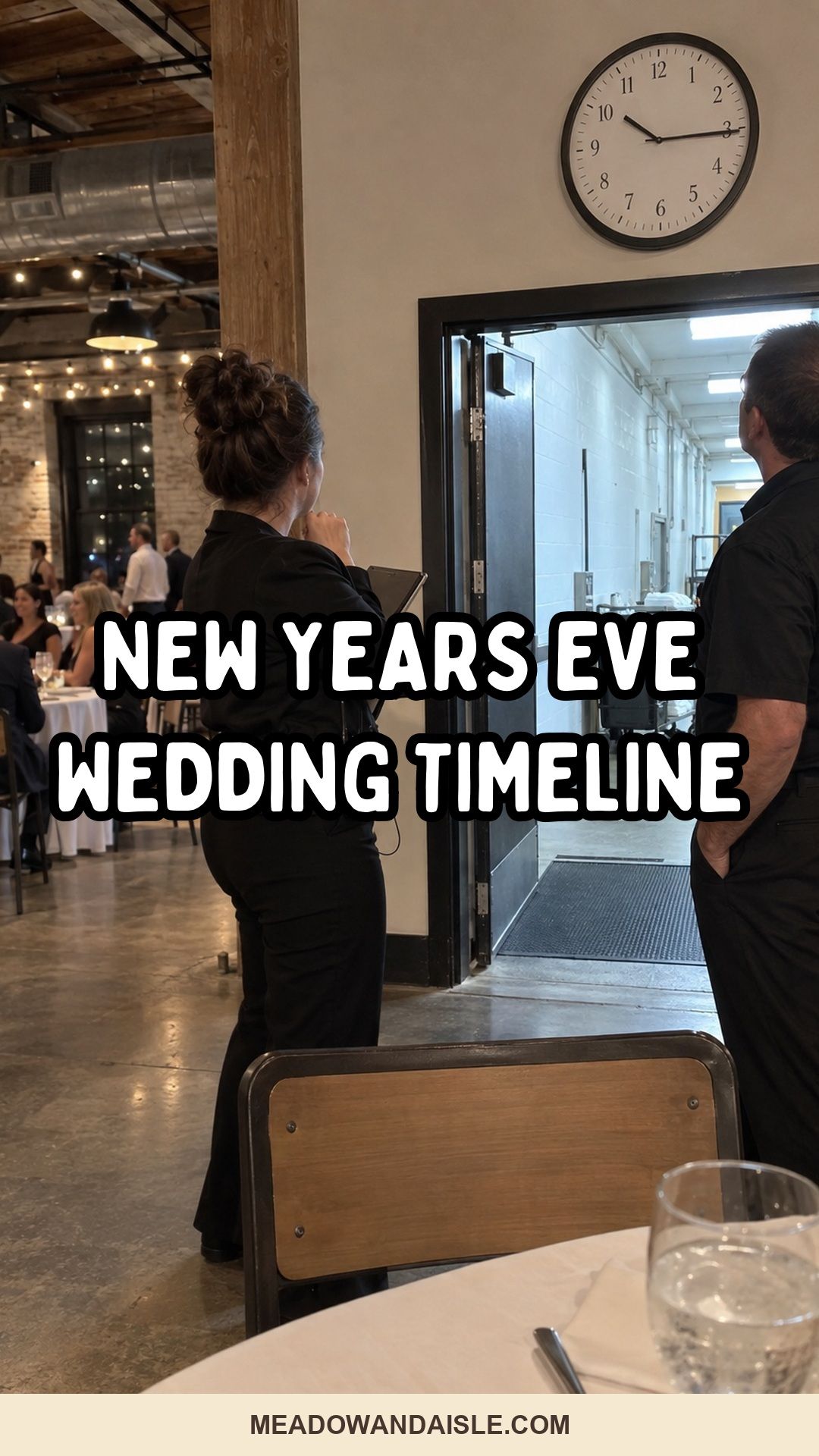 New Years Eve wedding timeline Pinterest pin for Meadow & Aisle.