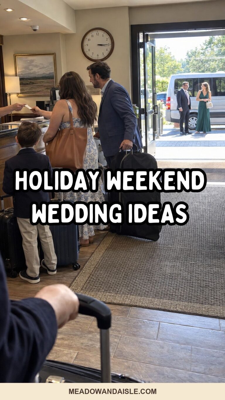 Holiday weekend wedding ideas Pinterest pin for Meadow & Aisle.