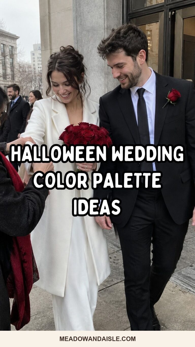Halloween wedding color palette ideas Pinterest pin for Meadow & Aisle.