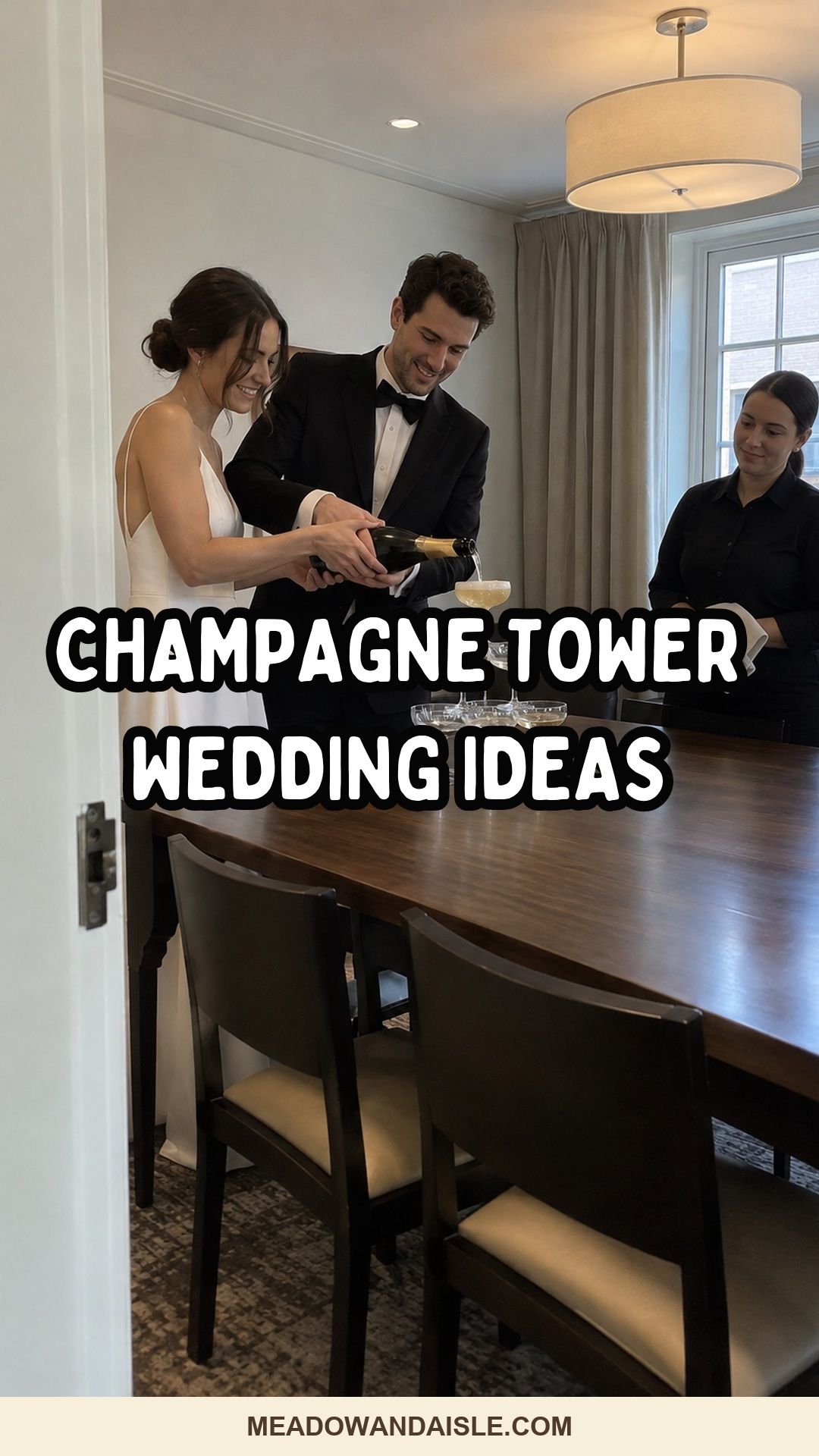 Champagne tower wedding ideas Pinterest pin for Meadow & Aisle.