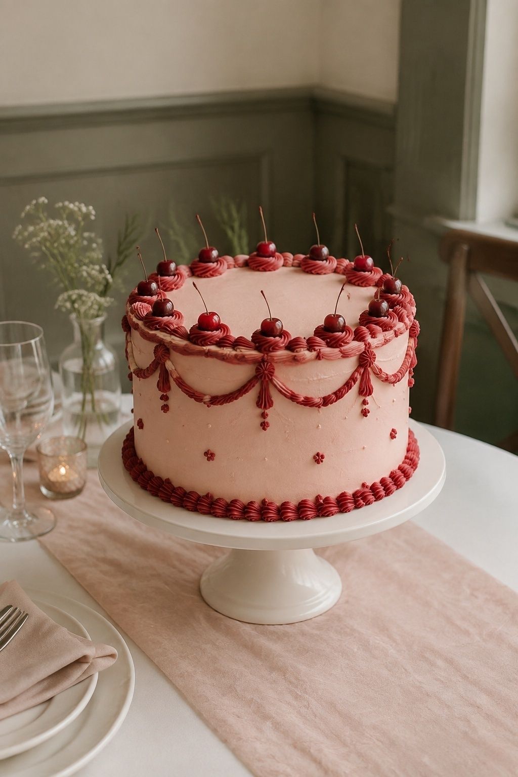 Soft blush cake with red piping