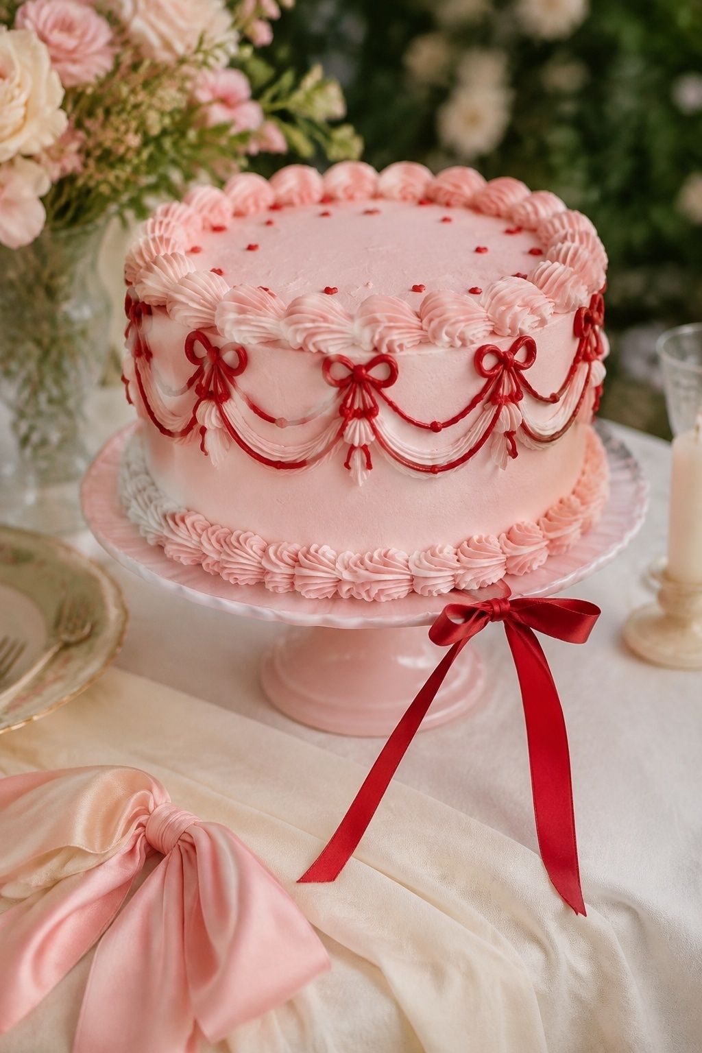 Pink and red vintage cake decorated with bows