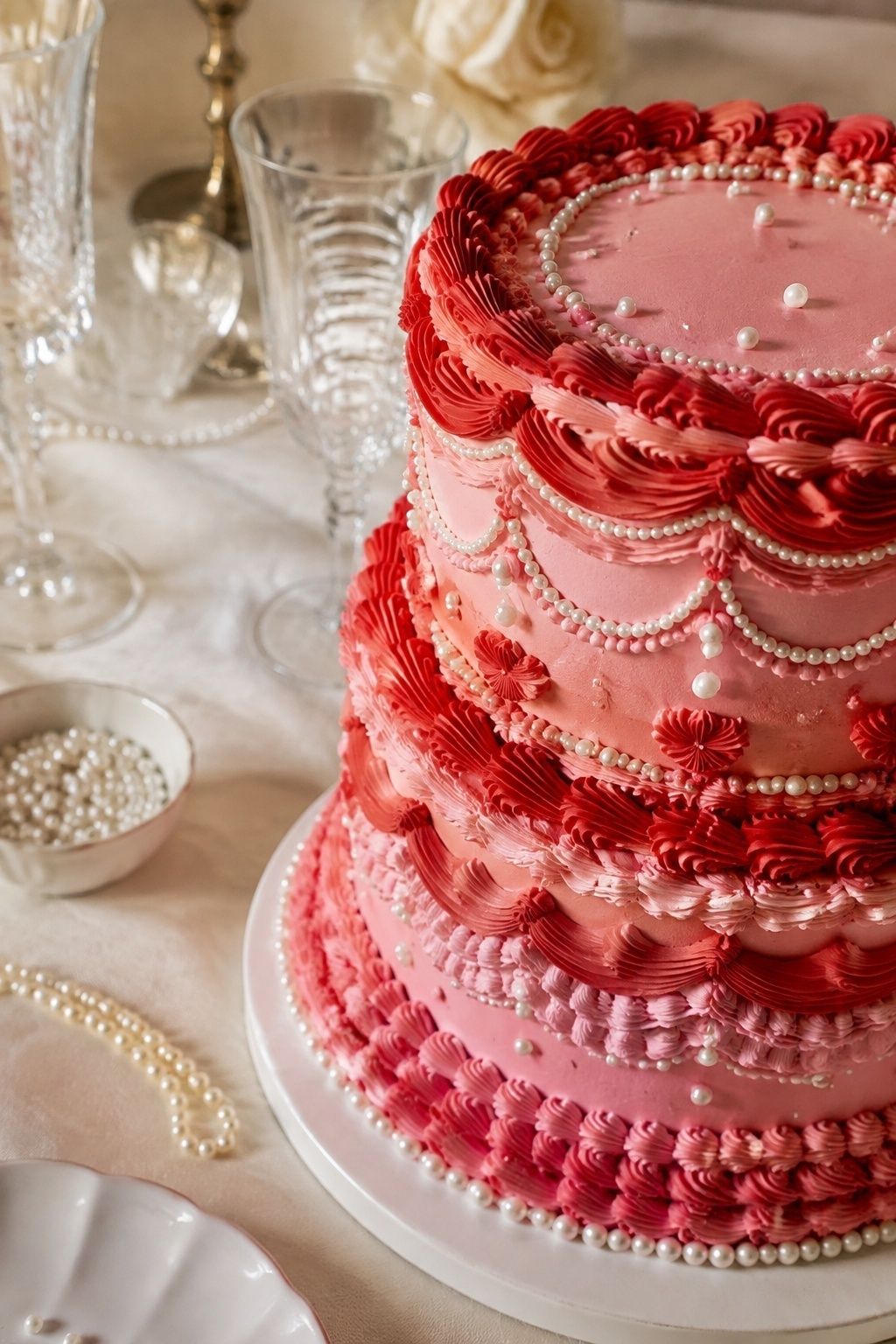 Pink and red cake with pearl details